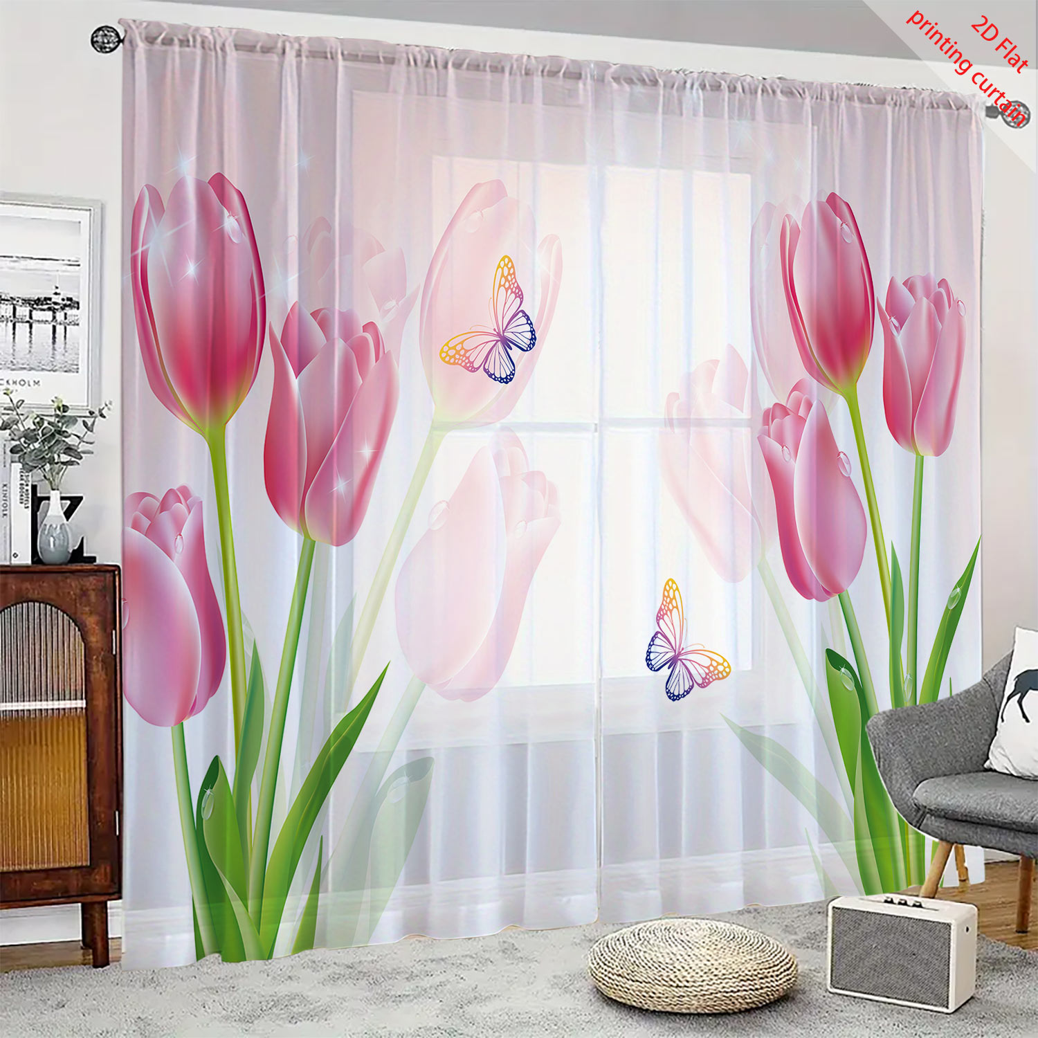 Home Decor Youtube - Pink tulip print transparent gauze curtain,
